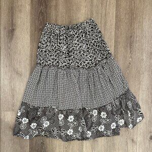 Vintage 90s Pattern Mix Brown and White Flowy Midi Skirt 100% Cotton M